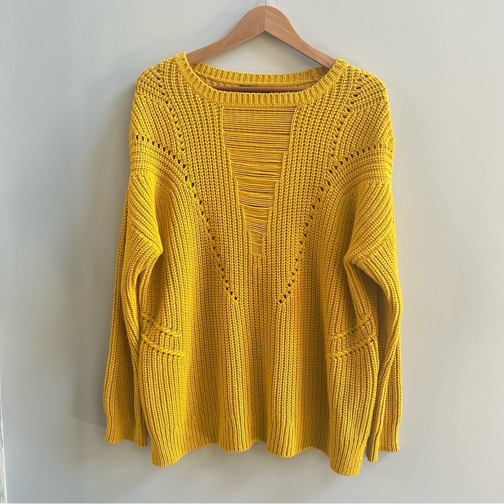 NWOT Rachel Roy Mustard Yellow Crewneck Cut-Out Chunky Knit Sweater, Size XXL - Picture 2 of 11